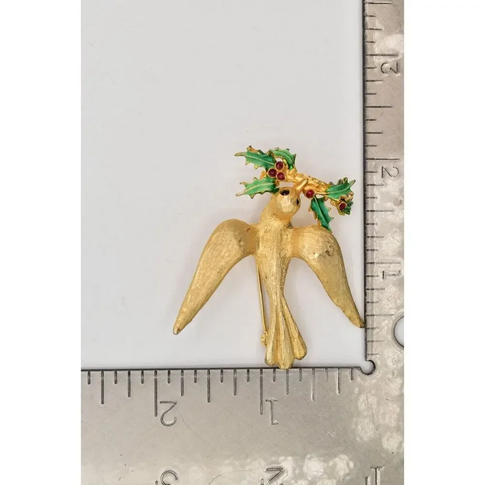 Mylu Vintage Christmas Bird Pin Brooch Brushed Gold Holiday Signed 1950s BinBK